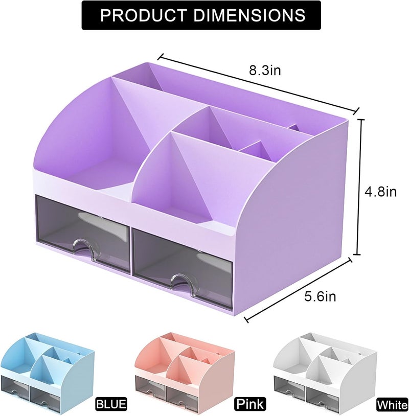 COMFYROOM Desk Organizer with 6 Compartments and 2 Drawers, Plastic Makeup Organizer, Pen Holder for Desktop Storage, Desk Organization for School, Home, Office Supplies (Purple) - Image 3